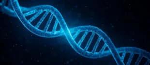 Blue DNA strand against a black background