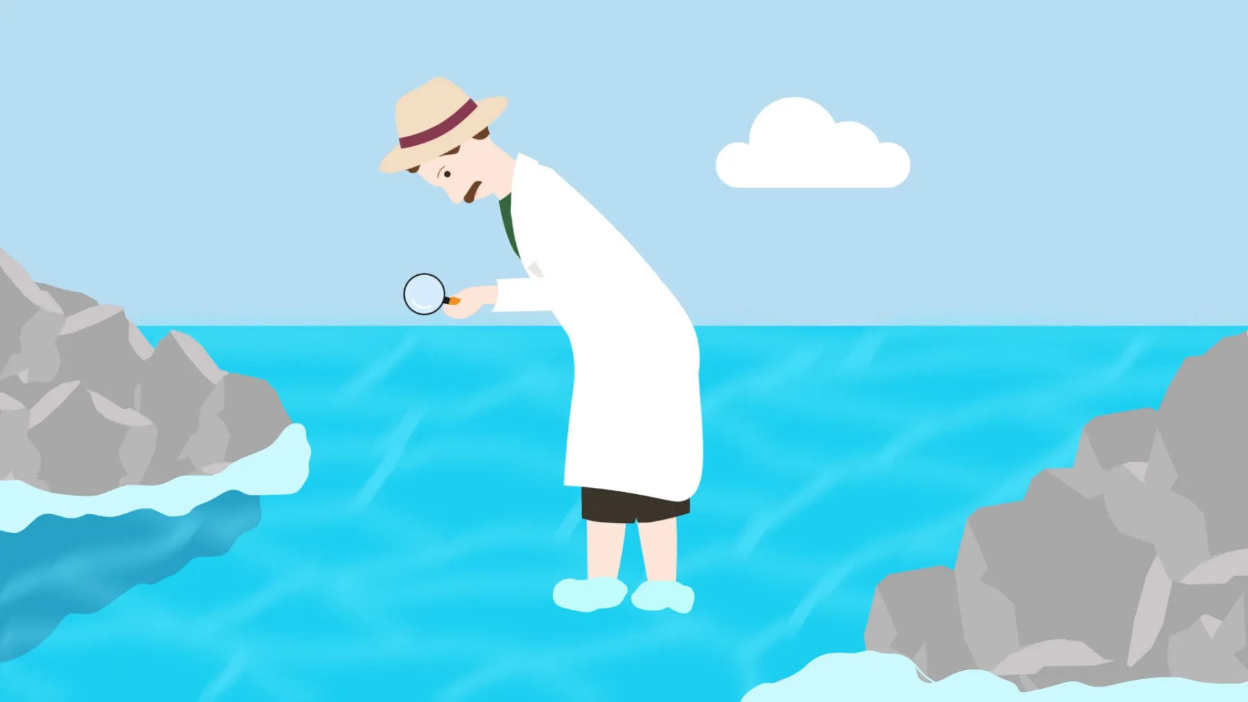 A graphic showing a scientist in a lab coat and sunhat looking at the sea with a microscope.