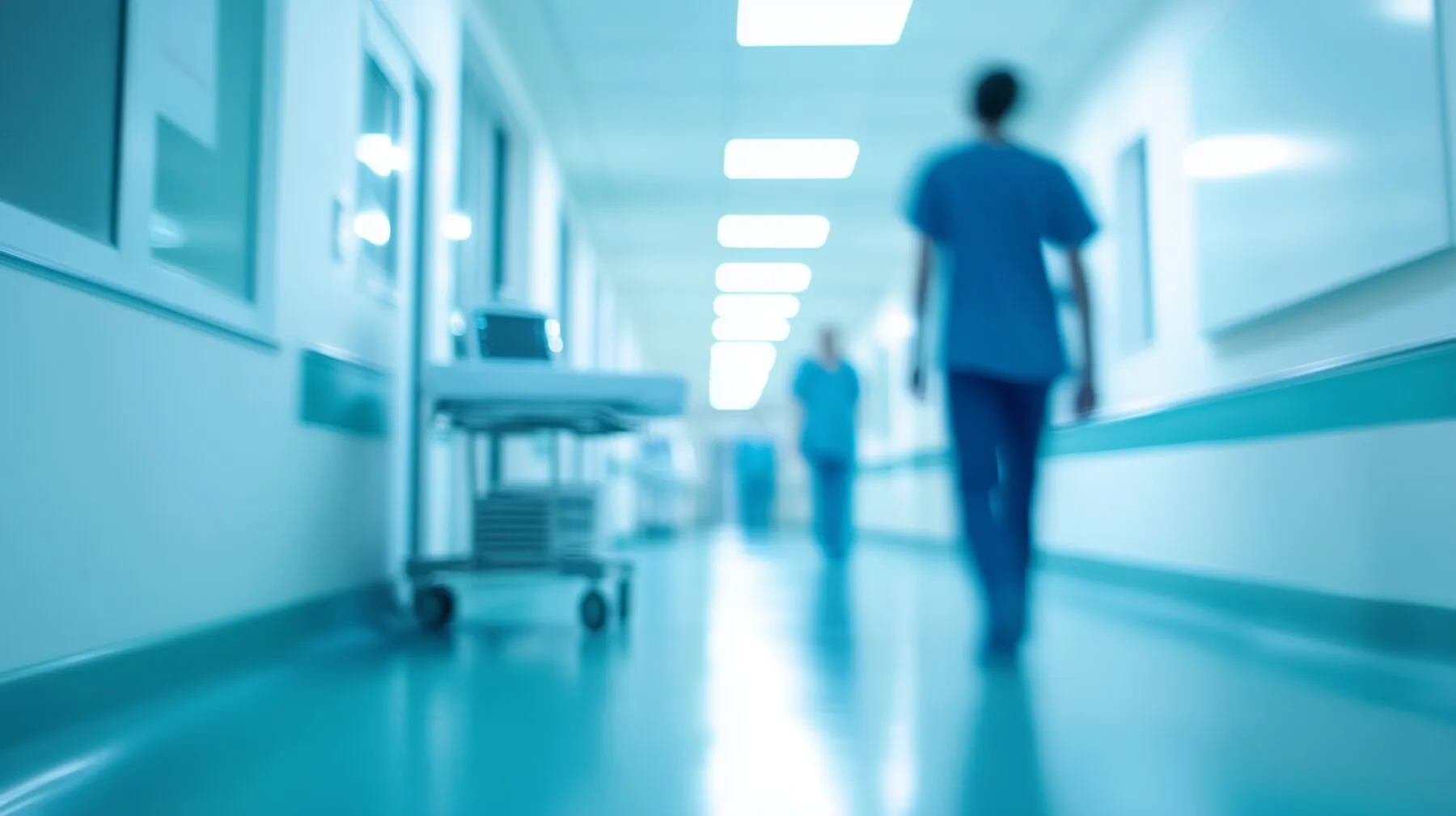 Blurred background of a hospital interior with medical equipment and people in motion, a light blue colour theme.